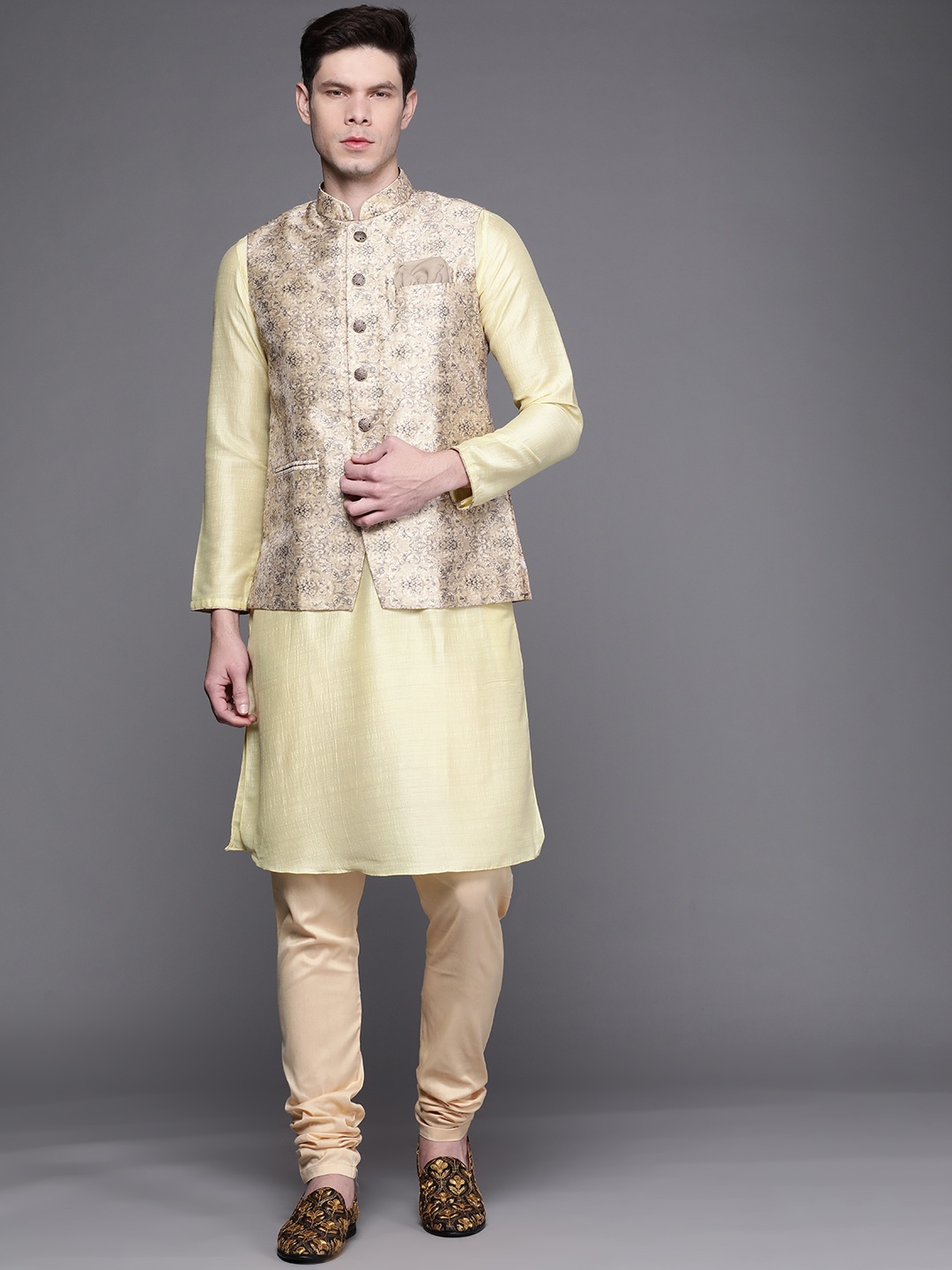 

Manu Men Beige Ethnic Motifs Regular Kurta & Churidar with Nehru Jacket