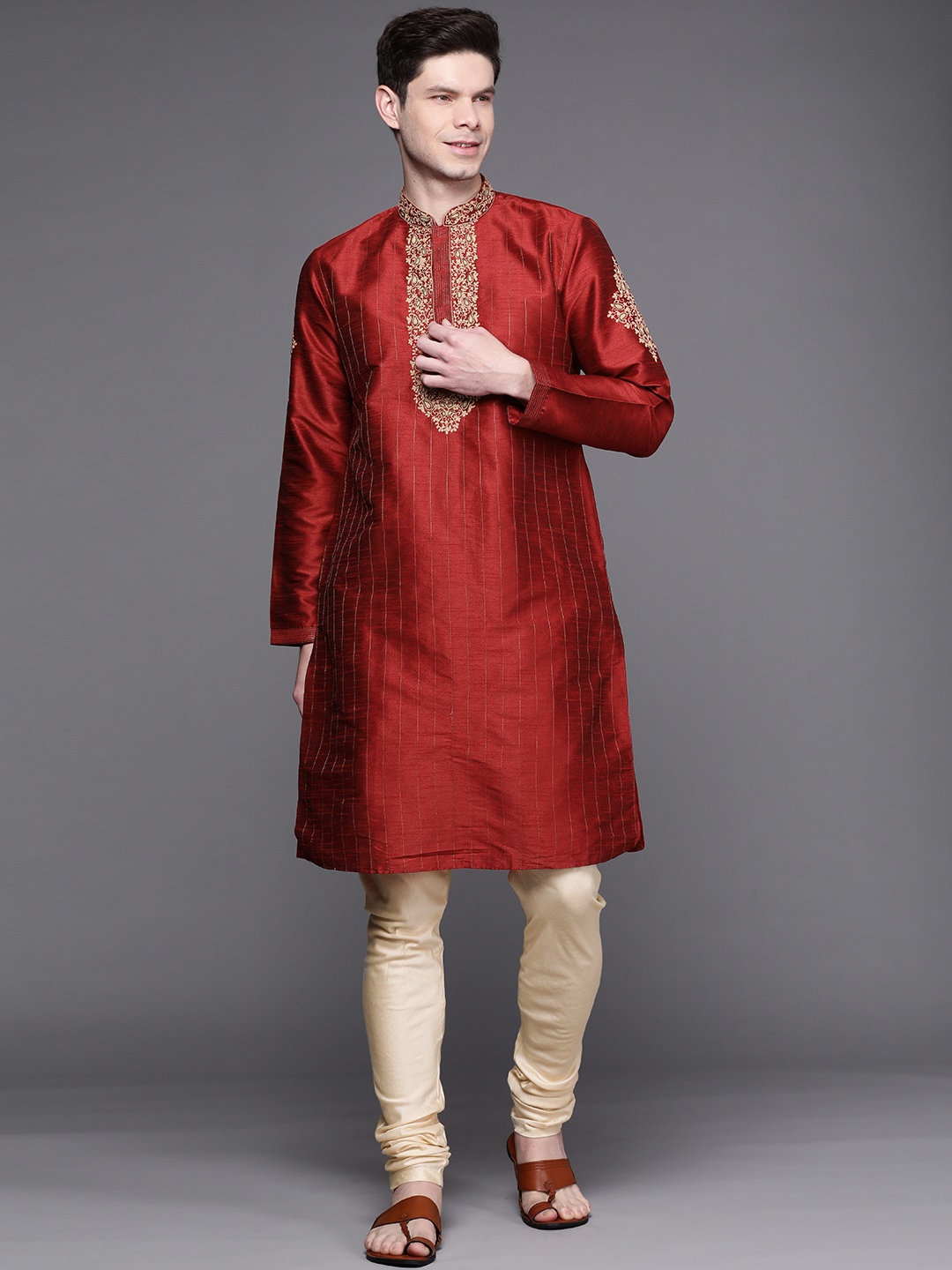 

Manu Men Maroon Ethnic Motifs Yoke Design Regular Kurta with Churidar