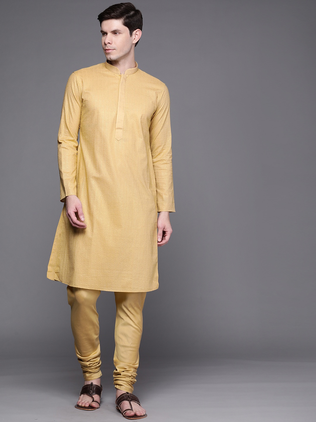 

Manu Men Golden Chikankari Embroidered Regular Kurta with Churidar, Gold