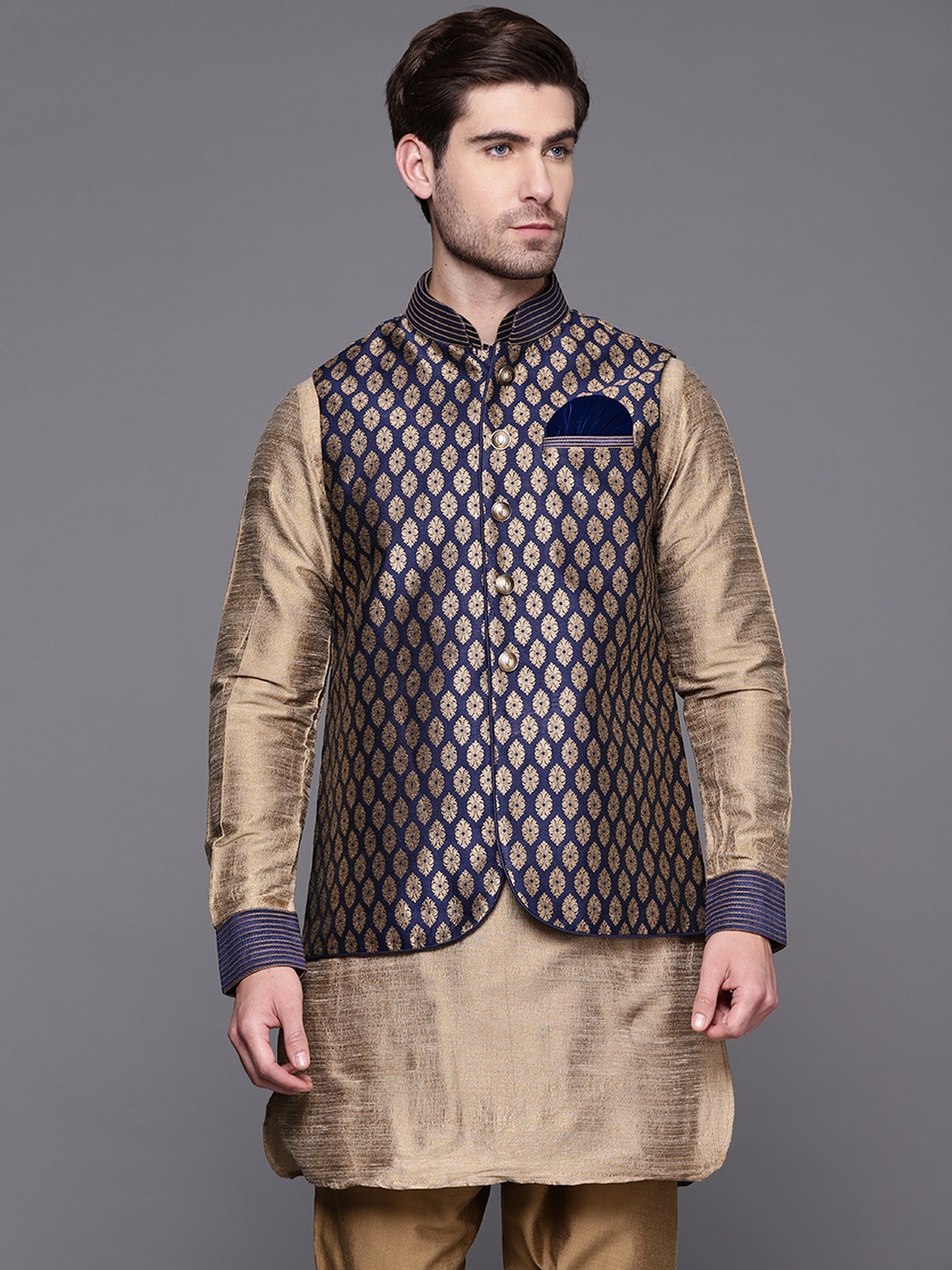 

Manu Men Navy Blue & Golden Ethnic Motifs Woven Design Kurta with Churidar & Nehru Jacket