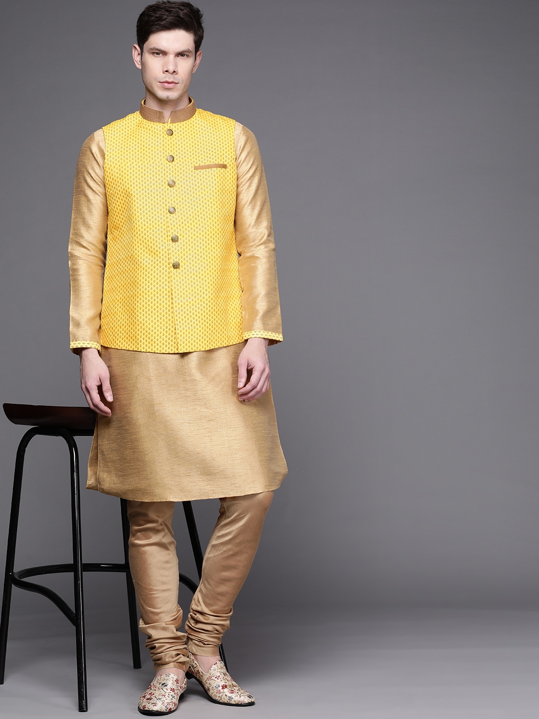 

Manu Men Golden Ethnic Motifs Printed Regular Kurta & Churidar with Nehru Jacket, Gold
