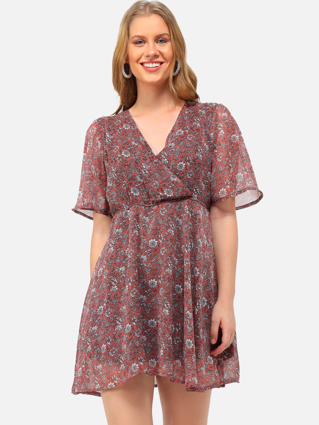 

Trend Arrest Brown & Rust Floral Georgette Dress