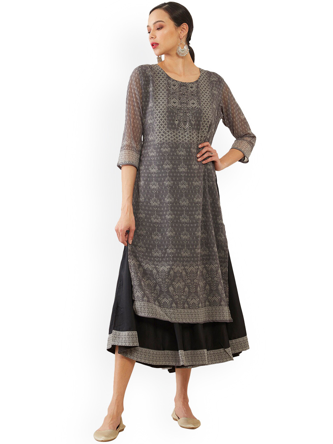 

Soch Women Grey Ethnic Motifs Thread Work Georgette Anarkali Kurta