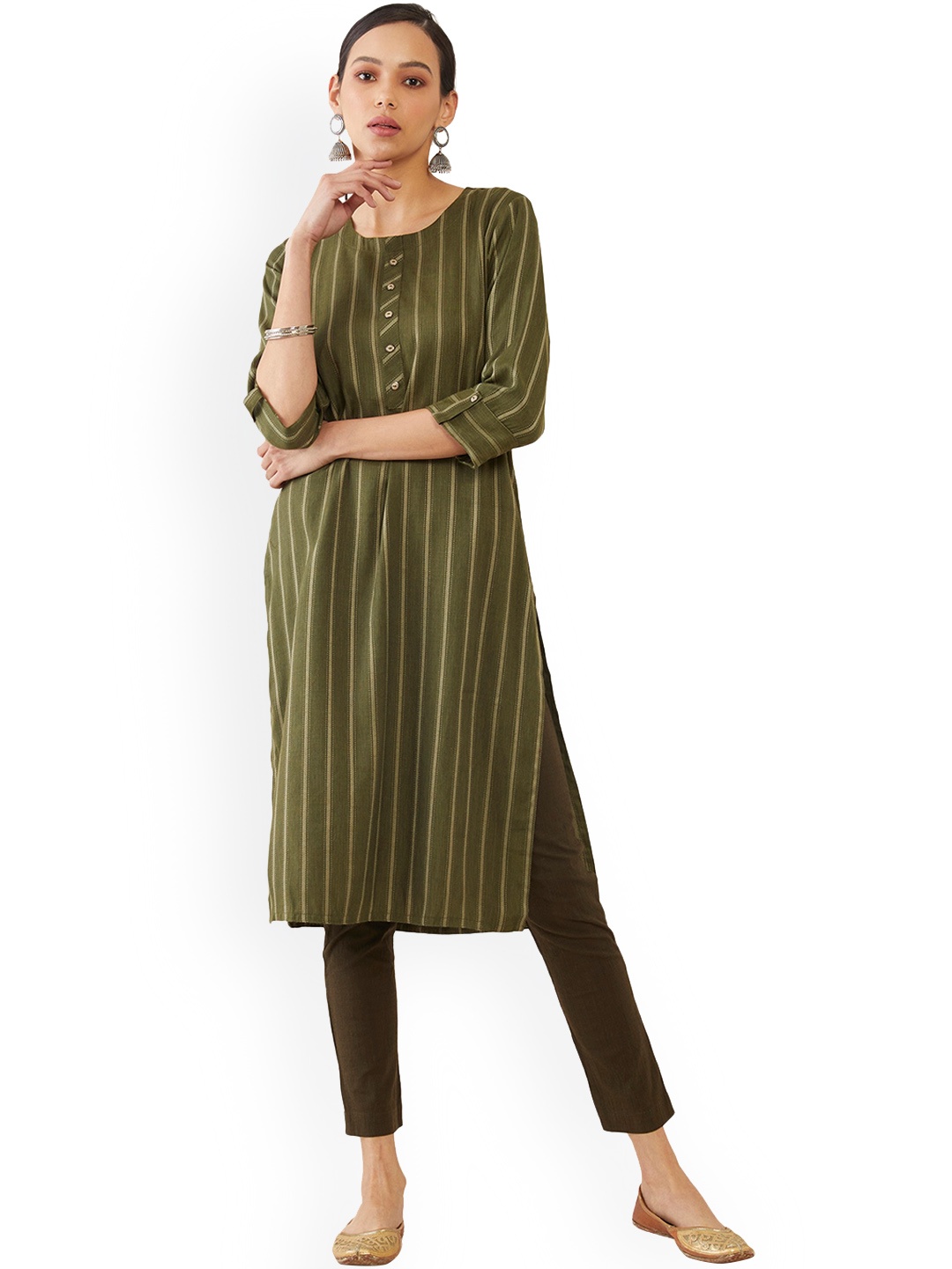 

Soch Women Green Striped Thread Work Pathani Kurta