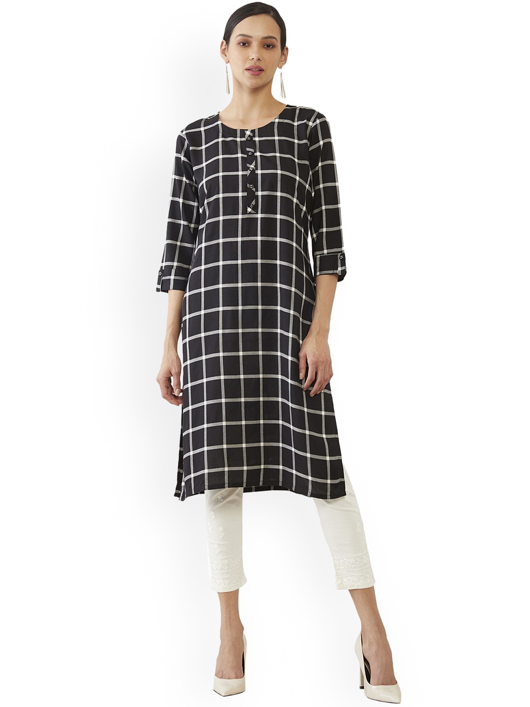 

Soch Women Black Checked Thread Work Kurta