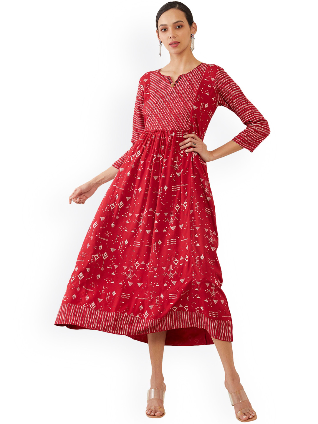 

Soch Women Red Floral Printed Flared Sleeves Gotta Patti Anarkali Kurta