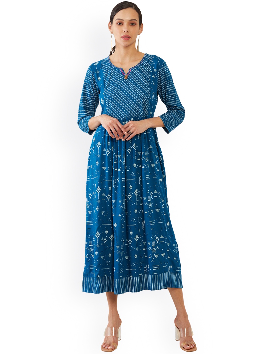 

Soch Women Blue Printed Flared Sleeves Mirror Work Anarkali Kurta