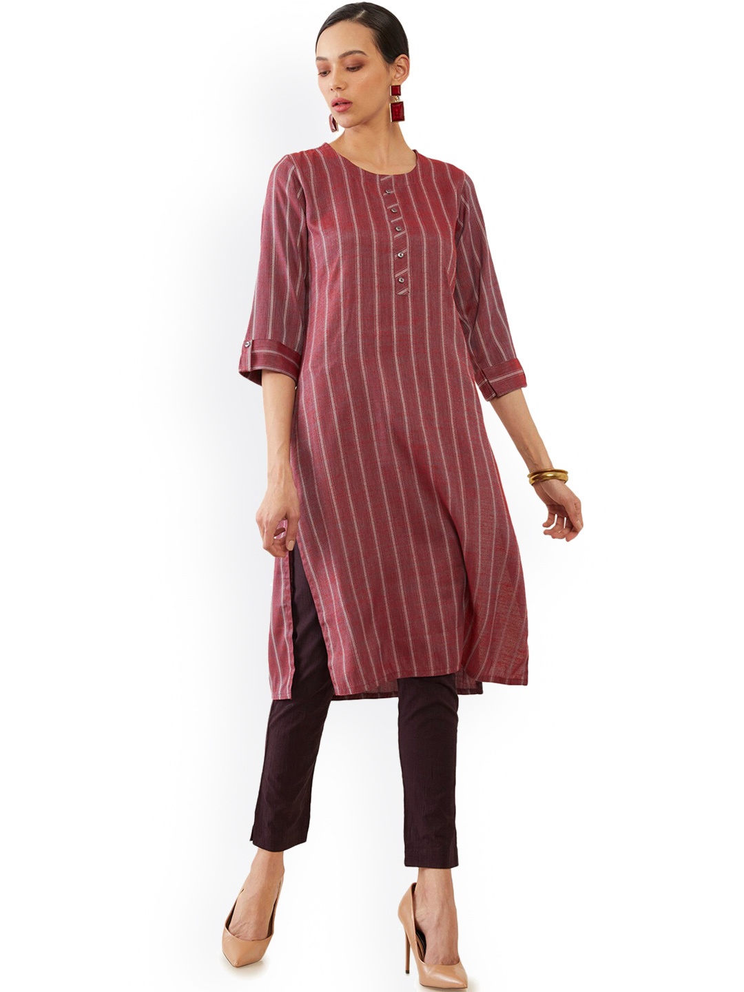 

Soch Women Maroon Striped Flared Sleeves Thread Work Kurta