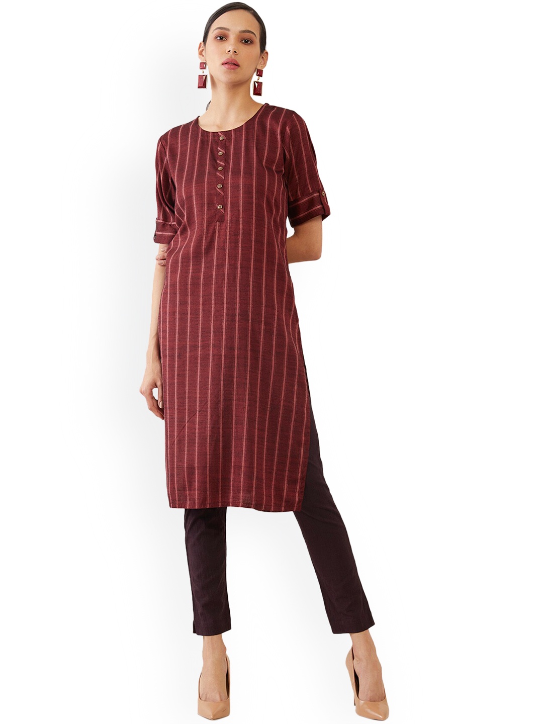 

Soch Women Maroon Striped Thread Work Pathani Kurta