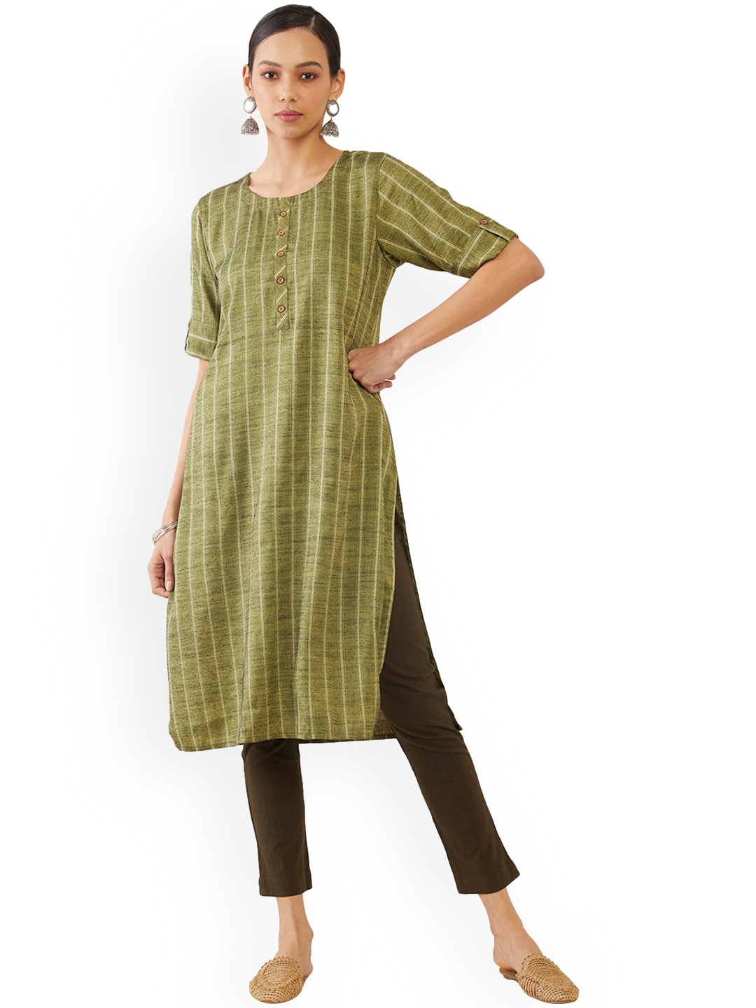 

Soch Women Green Striped Thread Work Kurta