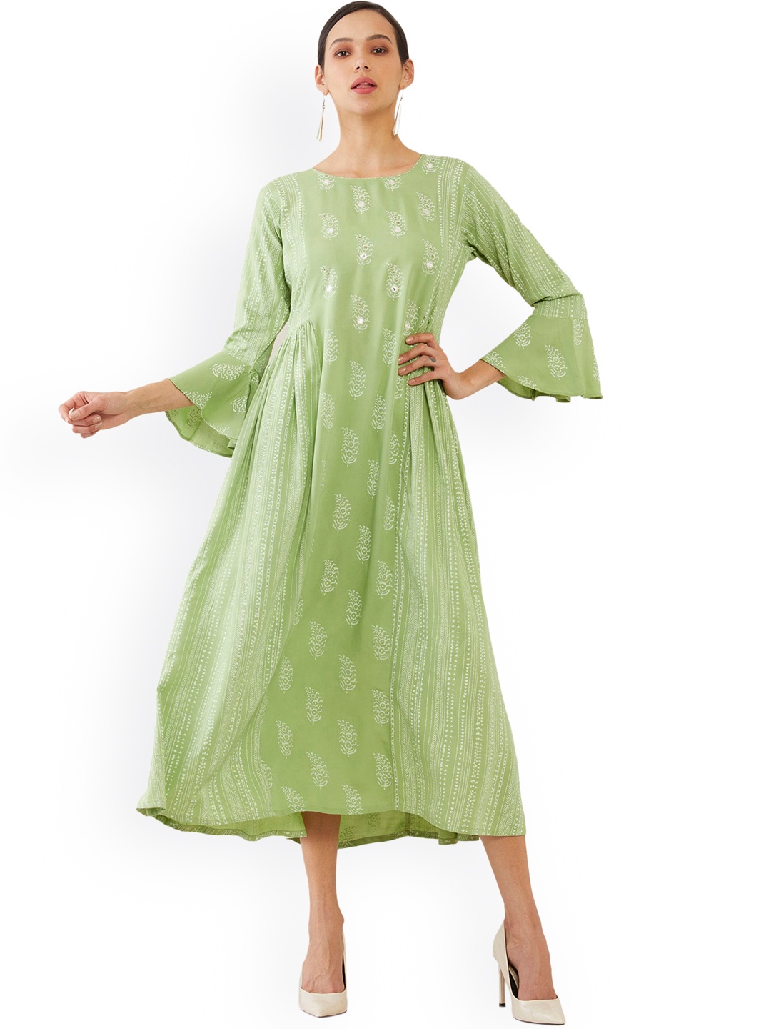 

Soch Women Green Striped Flared Sleeves Thread Work Anarkali Kurta