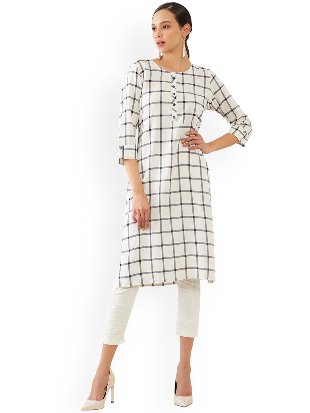 

Soch Women White Checked Flared Sleeves Thread Work Kurta