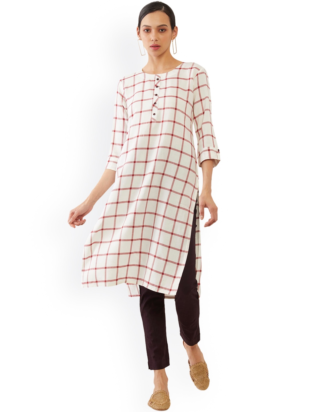 

Soch Women White Checked Flared Sleeves Thread Work Kurta