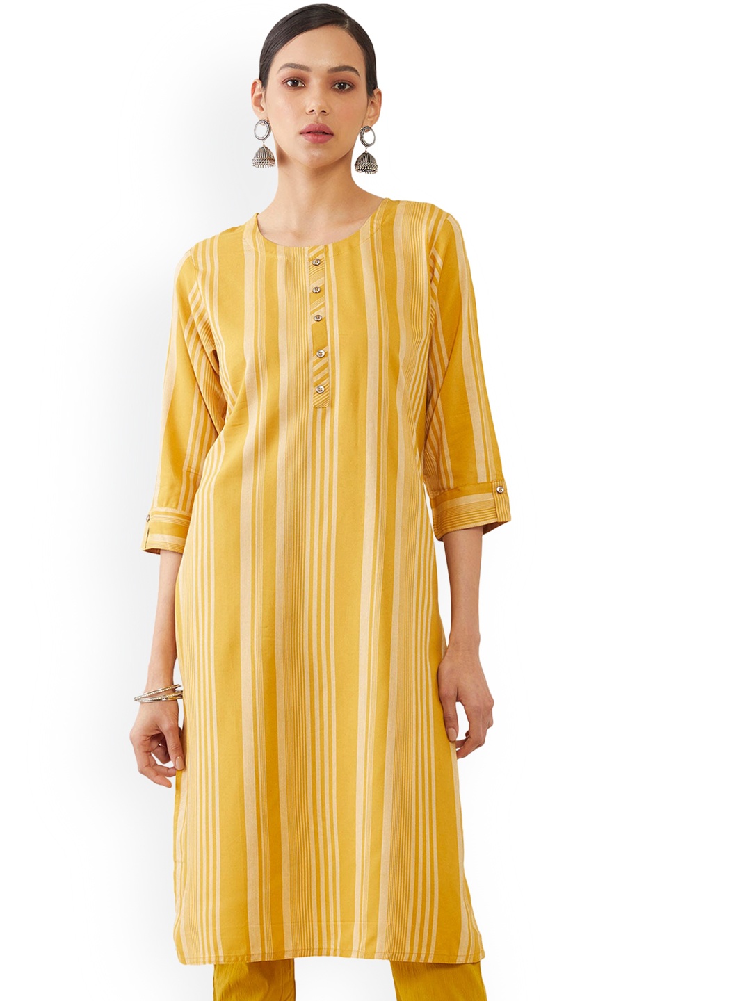 

Soch Women Mustard Yellow Striped Thread Work Kurta