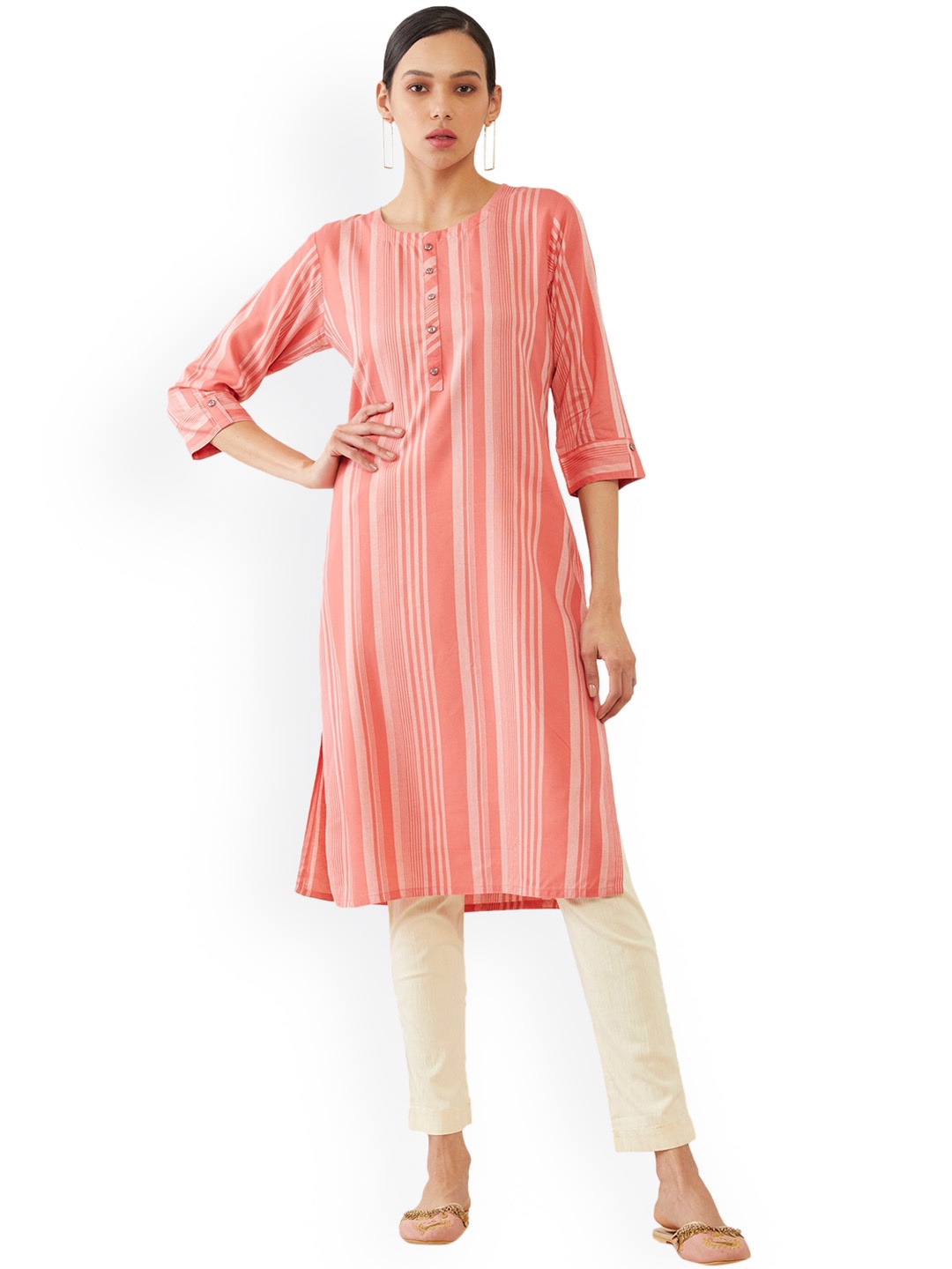 

Soch Women Pink Striped Flared Sleeves Thread Work Kurta