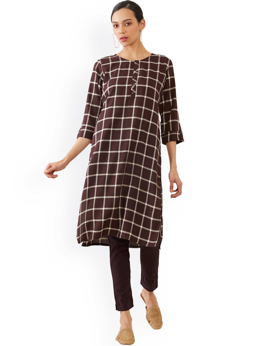 

Soch Women Brown Checked Flared Sleeves Thread Work Kurta