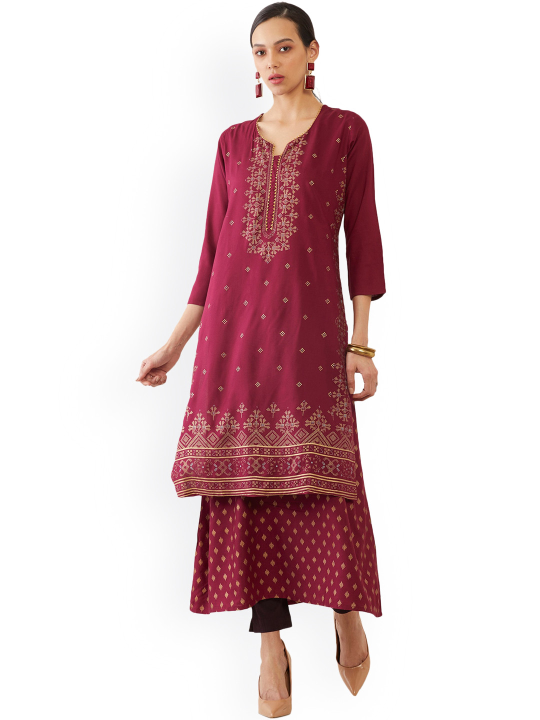 

Soch Women Maroon Ethnic Motifs Embroidered Chikankari Kurta