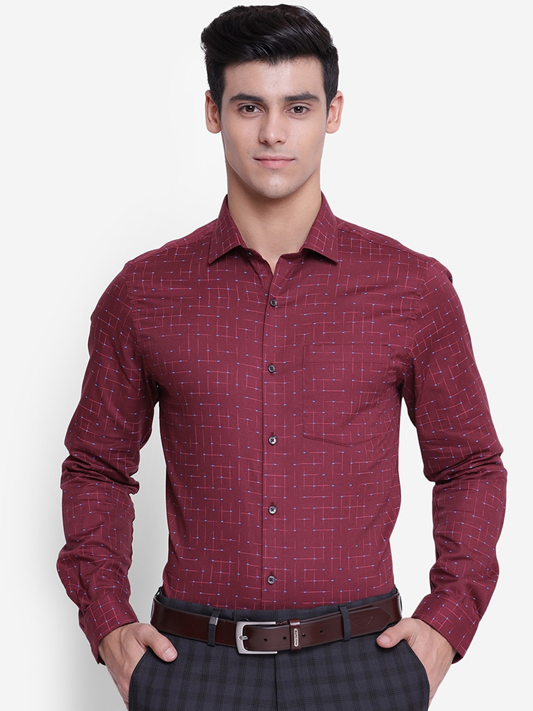 

Turtle Men Maroon & Blue Slim Fit Opaque Printed Cotton Formal Shirt