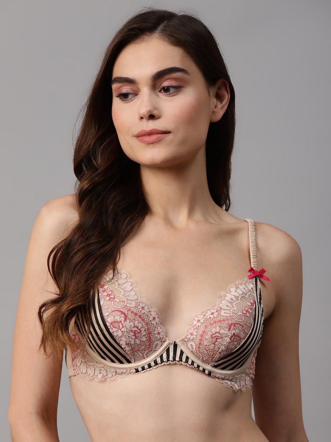 

Marks & Spencer Beige & Black Striped Lace Detail Plunge Bra - Underwired