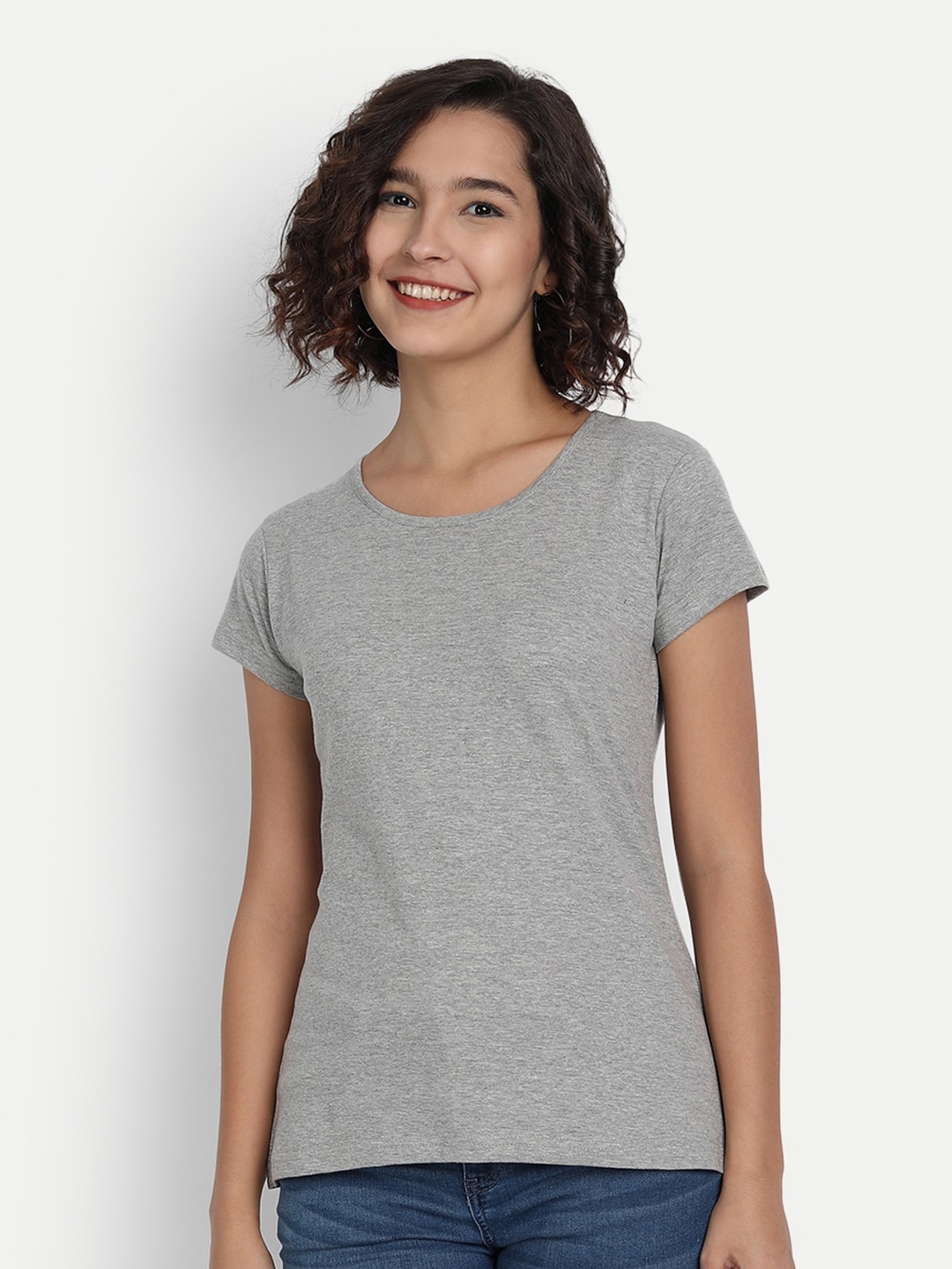 

BE AWARA Women Grey Melange Cotton Pure Cotton T-shirt