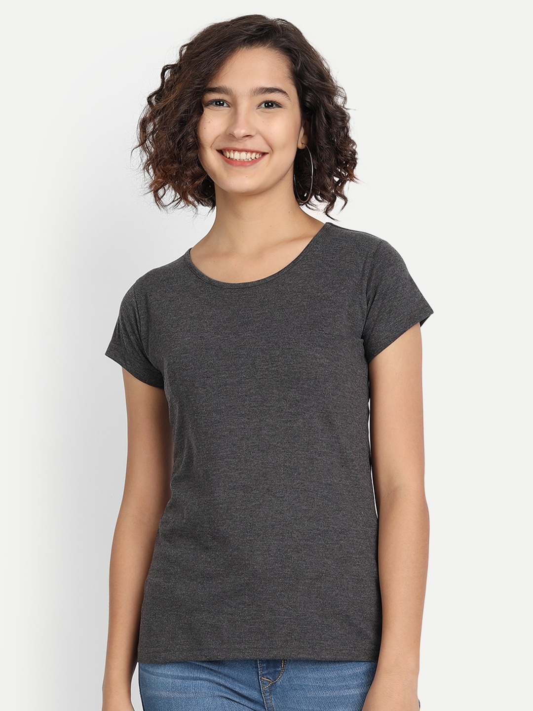 

BE AWARA Women Charcoal Grey Round Neck T-Shirt