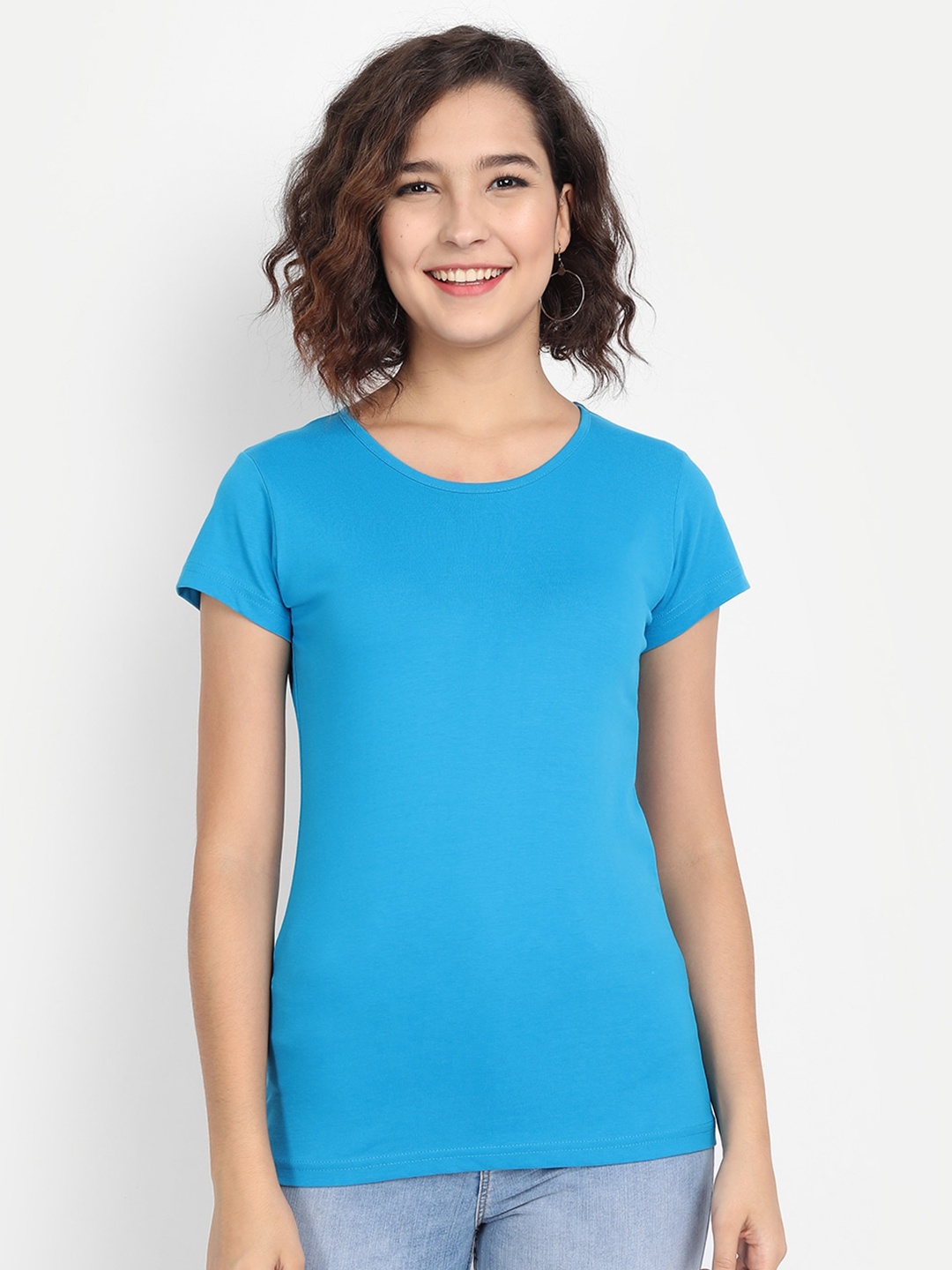 

BE AWARA Women Blue Pure Cotton T-shirt