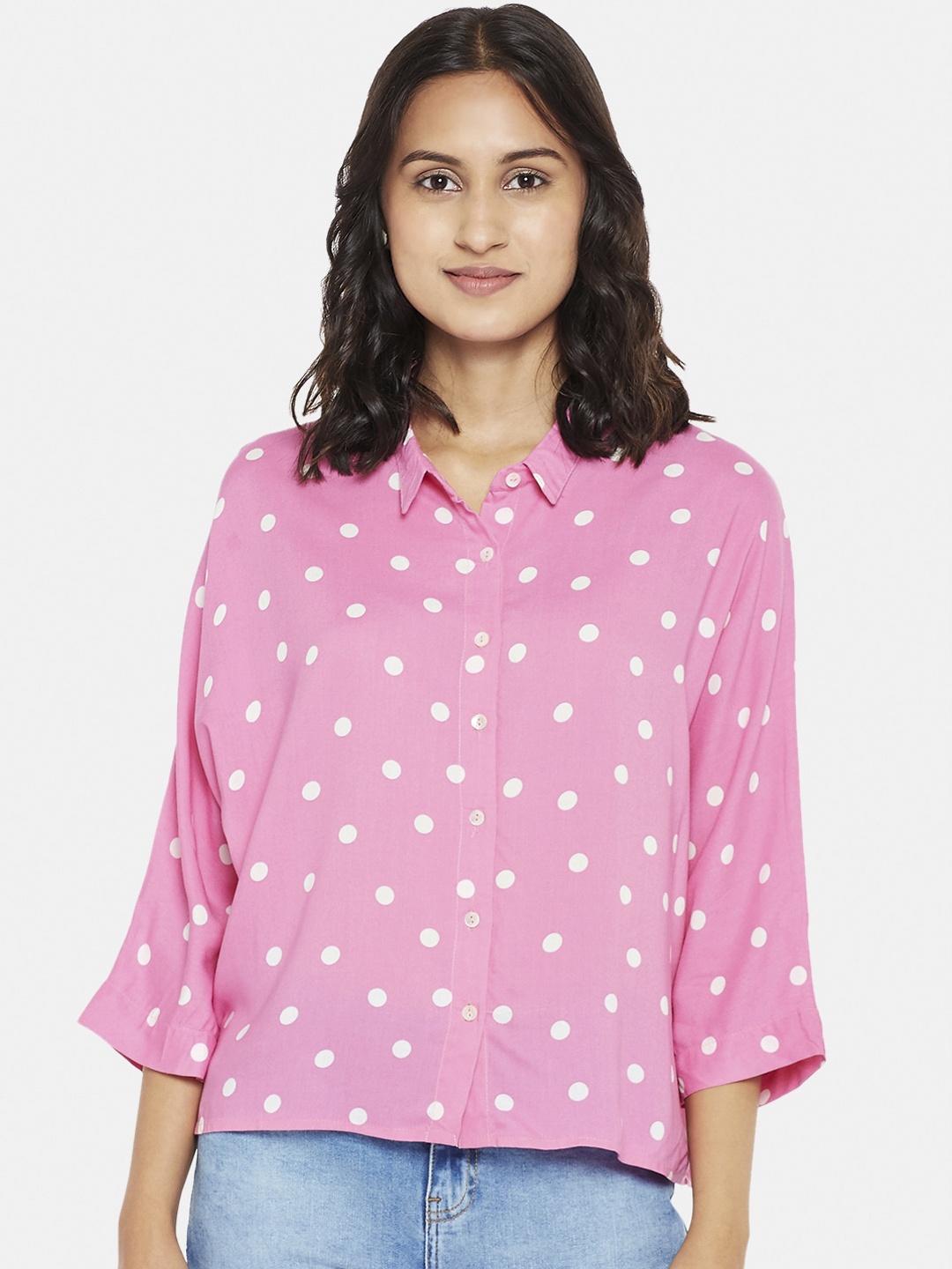 

People Women Pink & White Opaque Polka Dots Printed Casual Shirt