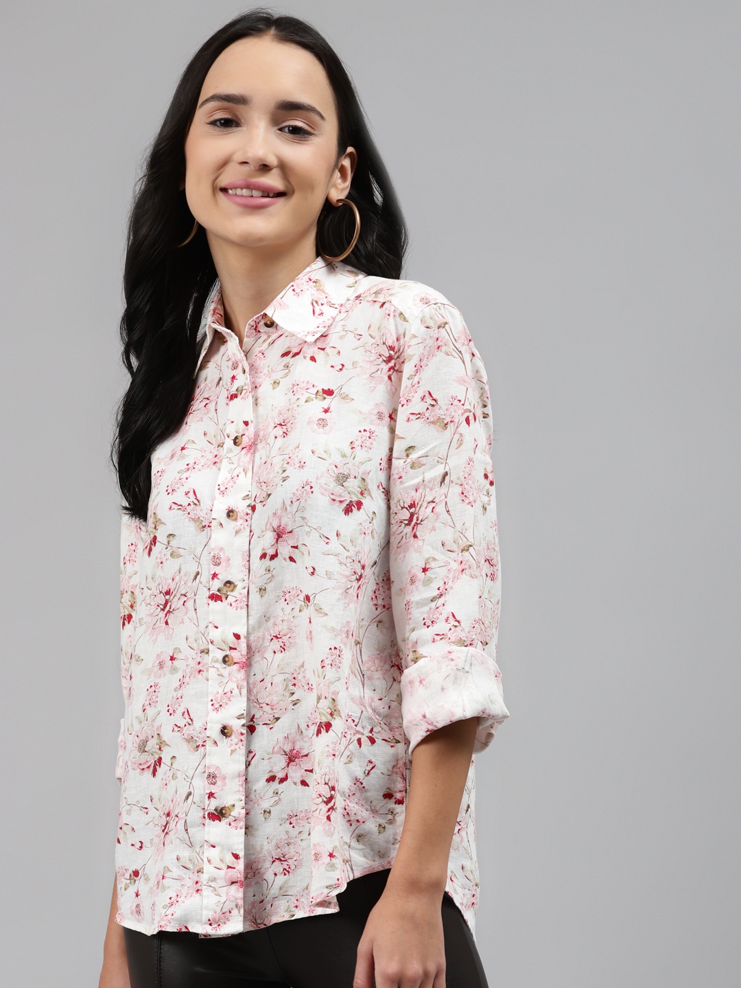 

Marks & Spencer White Floral Roll-Up Sleeves Linen Shirt Style Top