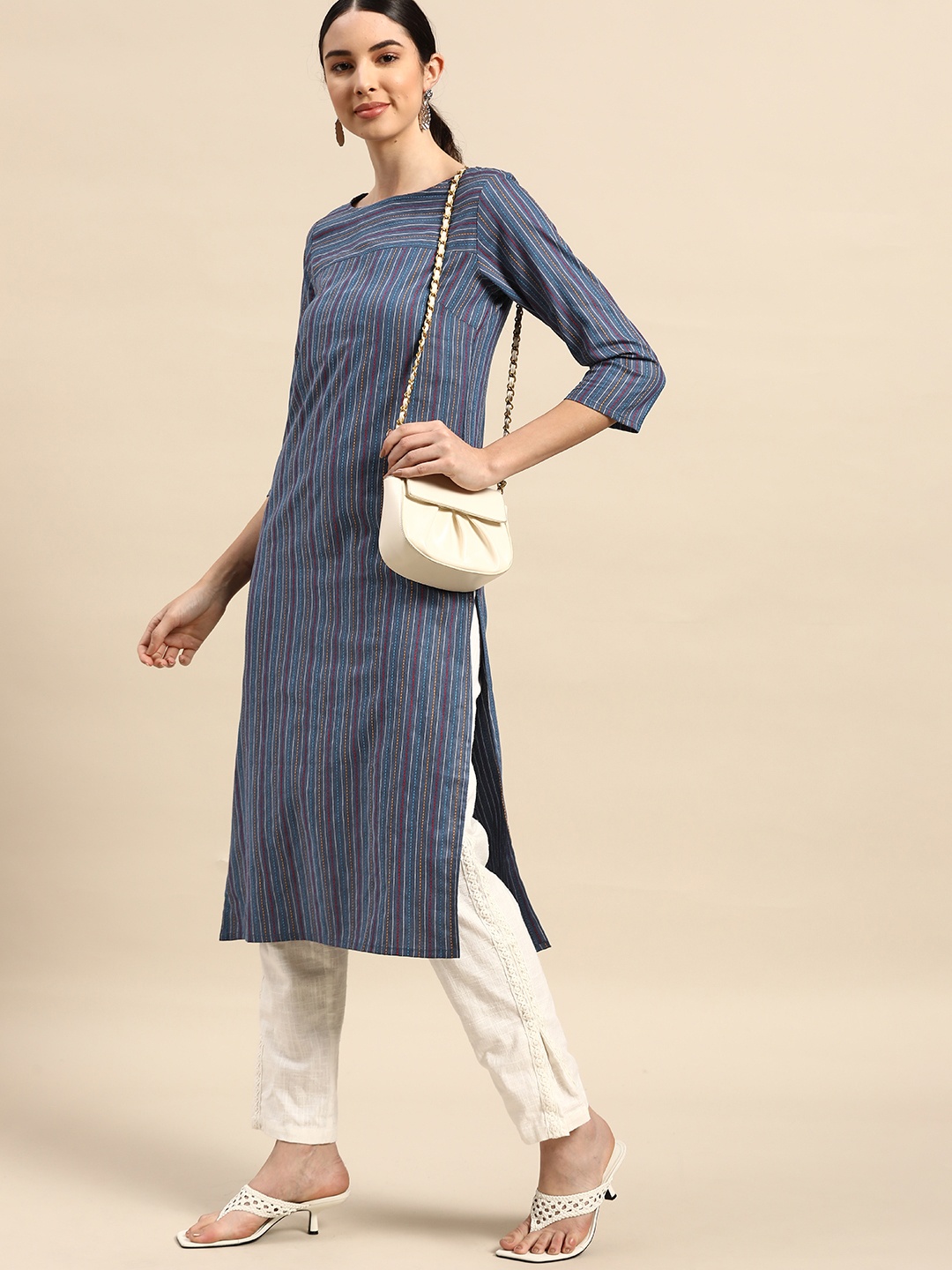 

Anouk Women Blue Striped Thread Work Yarn Dyed Kurta