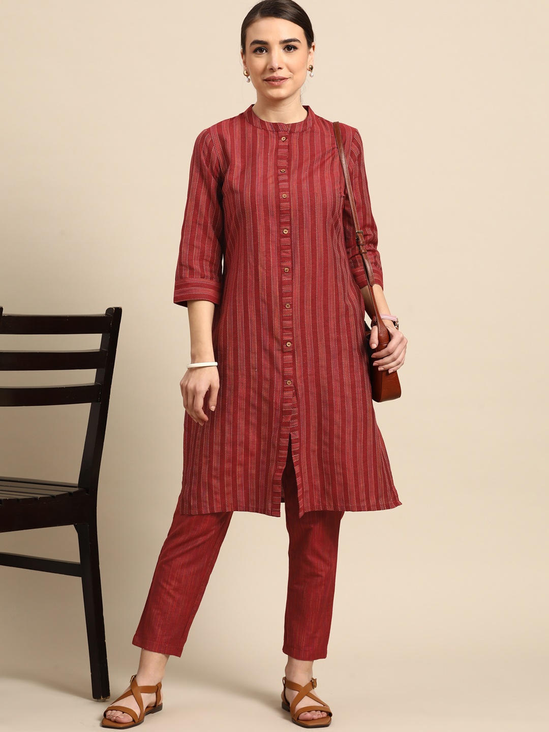 

Anouk Women Maroon Striped Kantha Work Yarn Dyed Kurta with Trousers