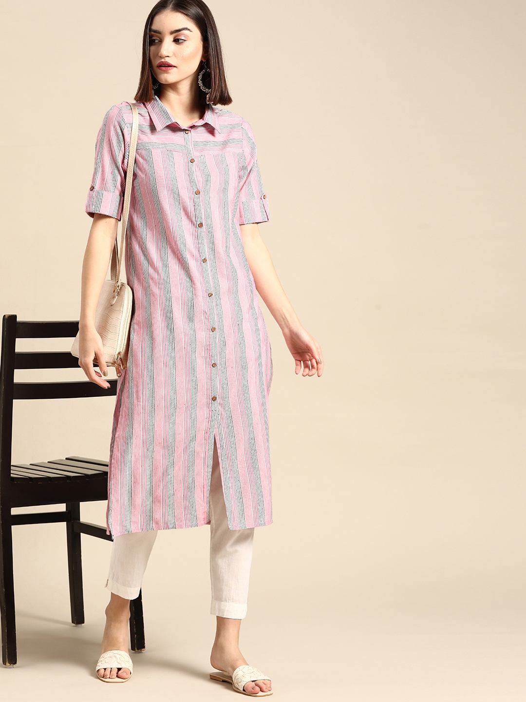 

Anouk Women Pink & Black Striped Yarn Dyed Kurta