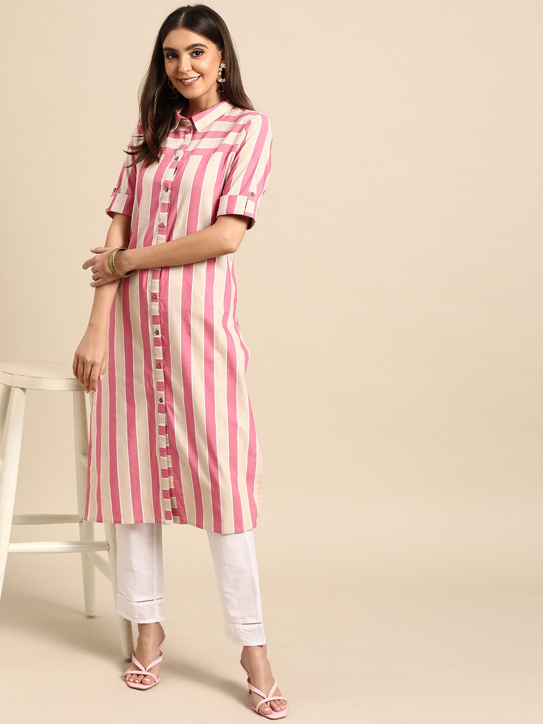 

Anouk Women Pink & Beige Striped Straight Yarn Dyed Kurta