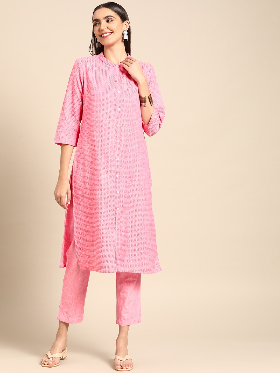 

Anouk Women Pink Self-Design Kurta with Yarn Dyed Trousers