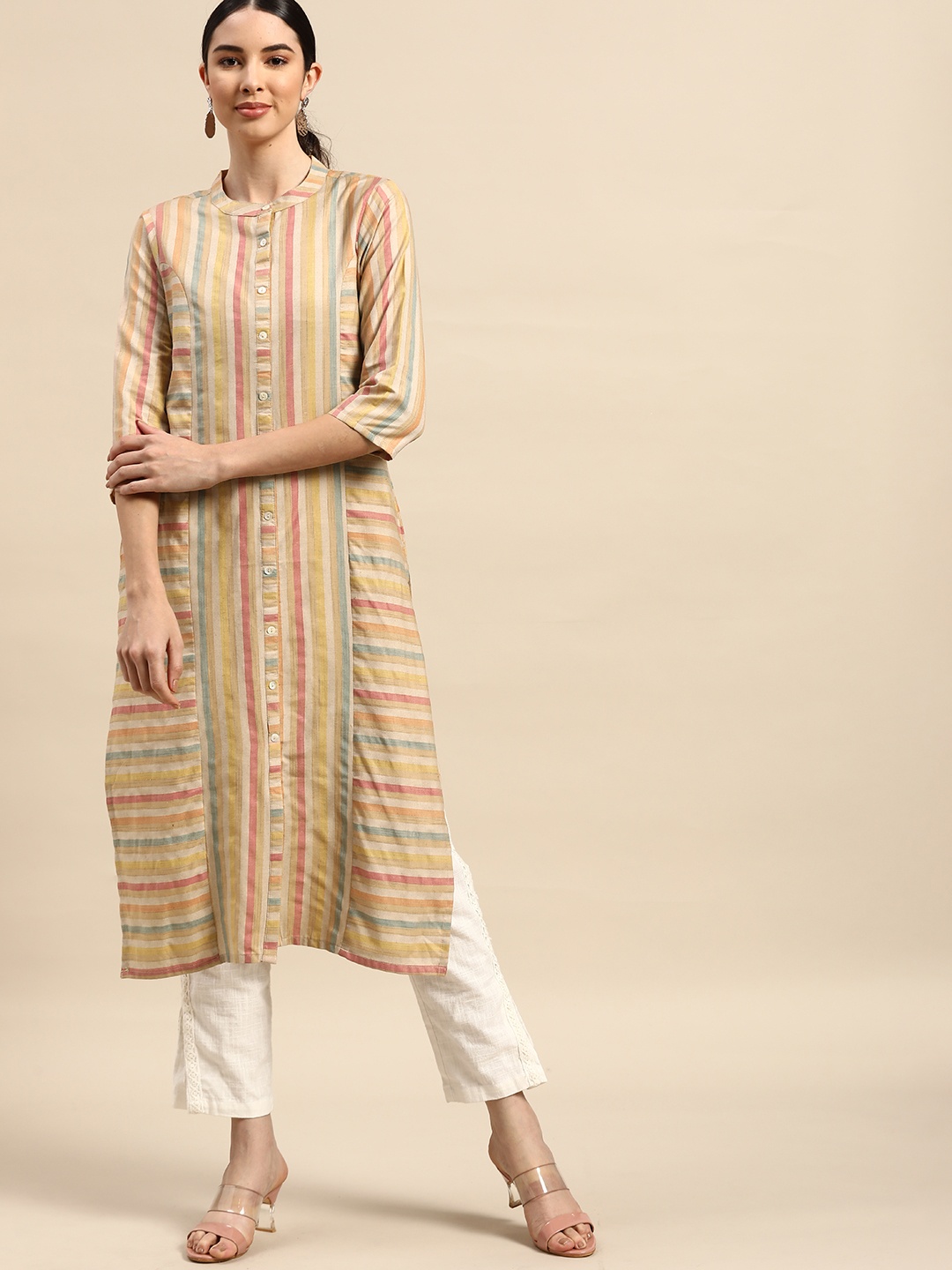 

Anouk Women Yellow & Red Striped Yarn Dyed Kurta