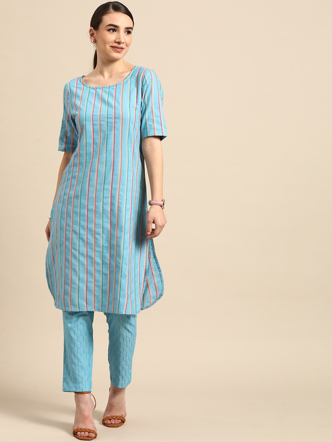 

Anouk Women Blue & Pink Embroidered Thread Work Striped Yarn Dyed Kurta with Trousers
