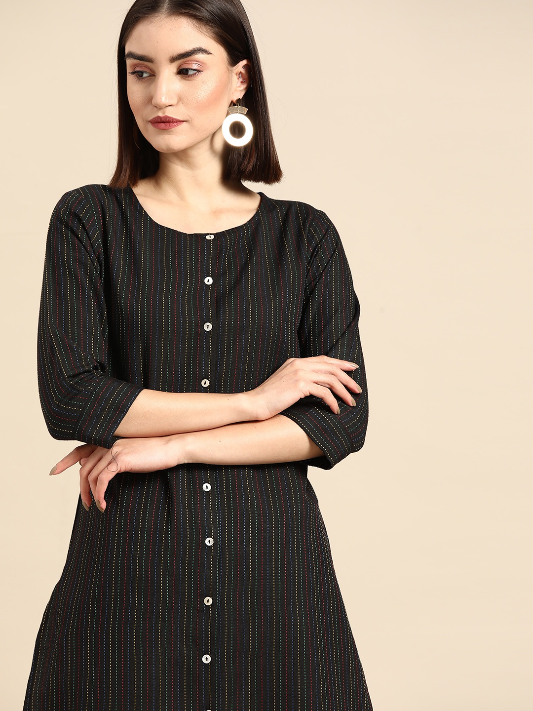 

Anouk Women Black Striped Yarn Dyed Kurta