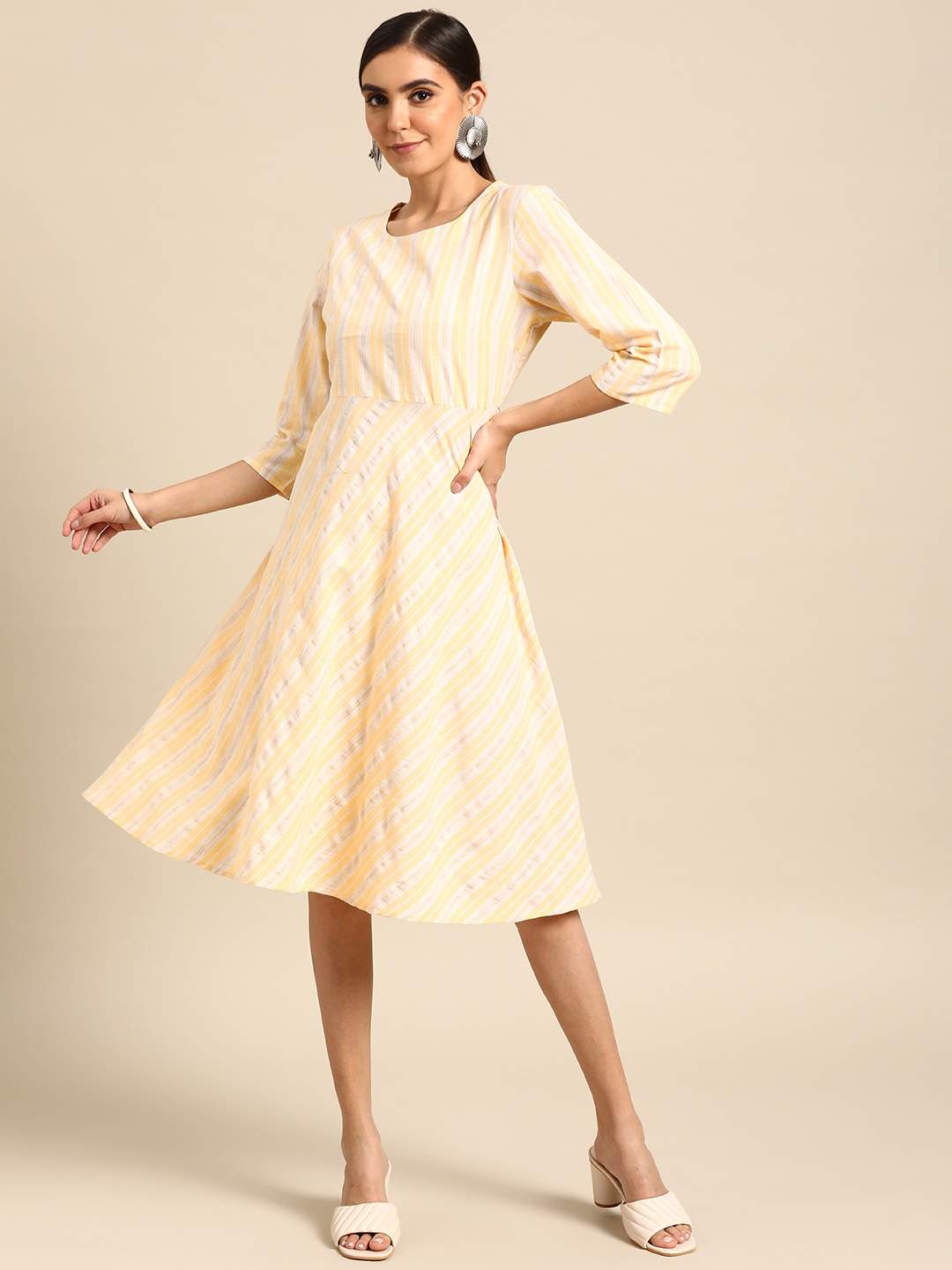 

Anouk Women Beige Striped Yarn Dyed A-Line Dress