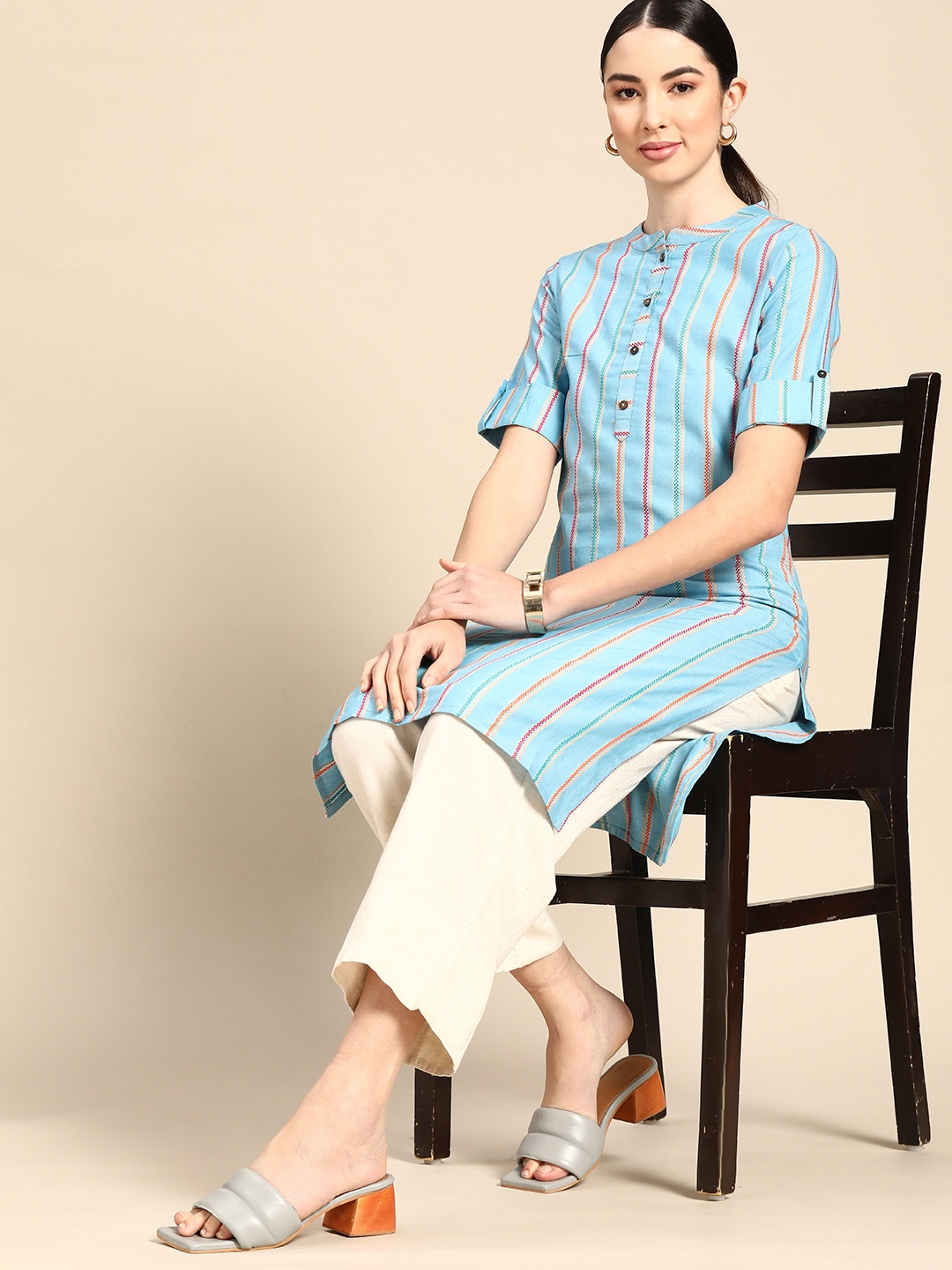 

Anouk Women Blue Striped Yarn Dyed Kurta