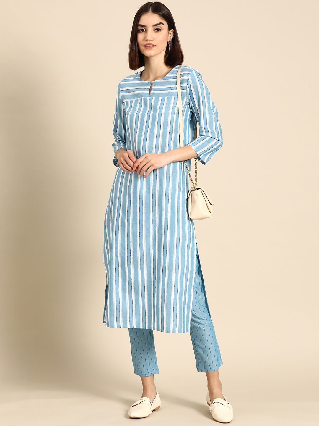 

Anouk Women Blue Printed Yarn Dyed Kurta with Trousers