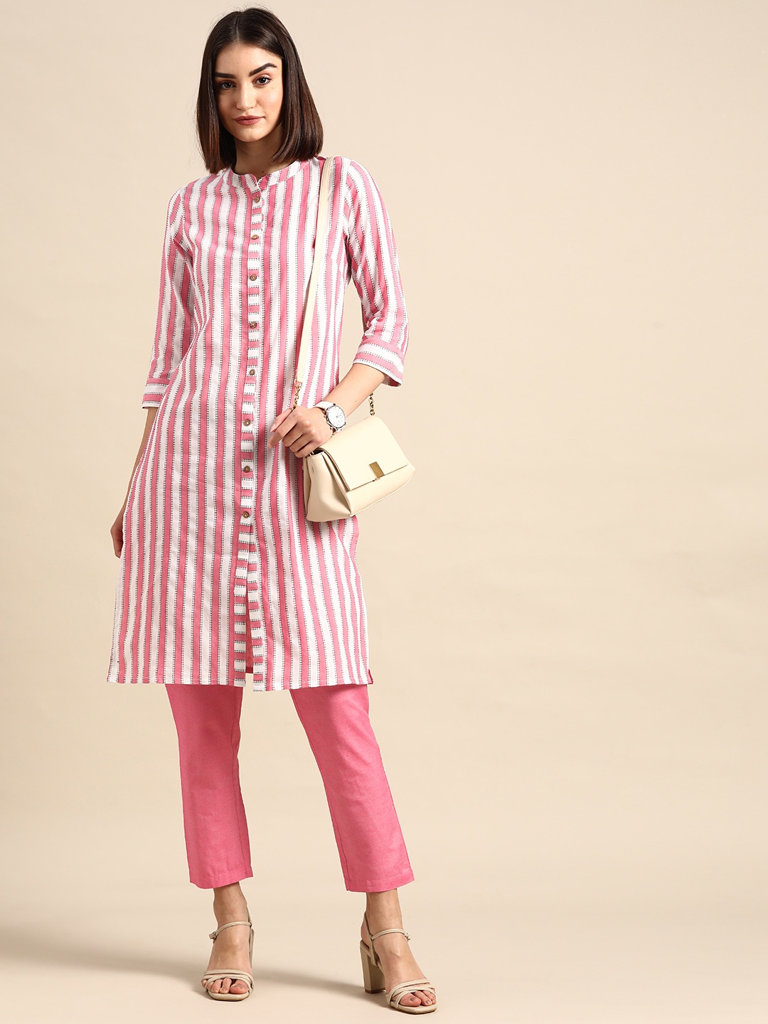 

Anouk Women Pink Striped Yarn Dyed Kurta with Trousers