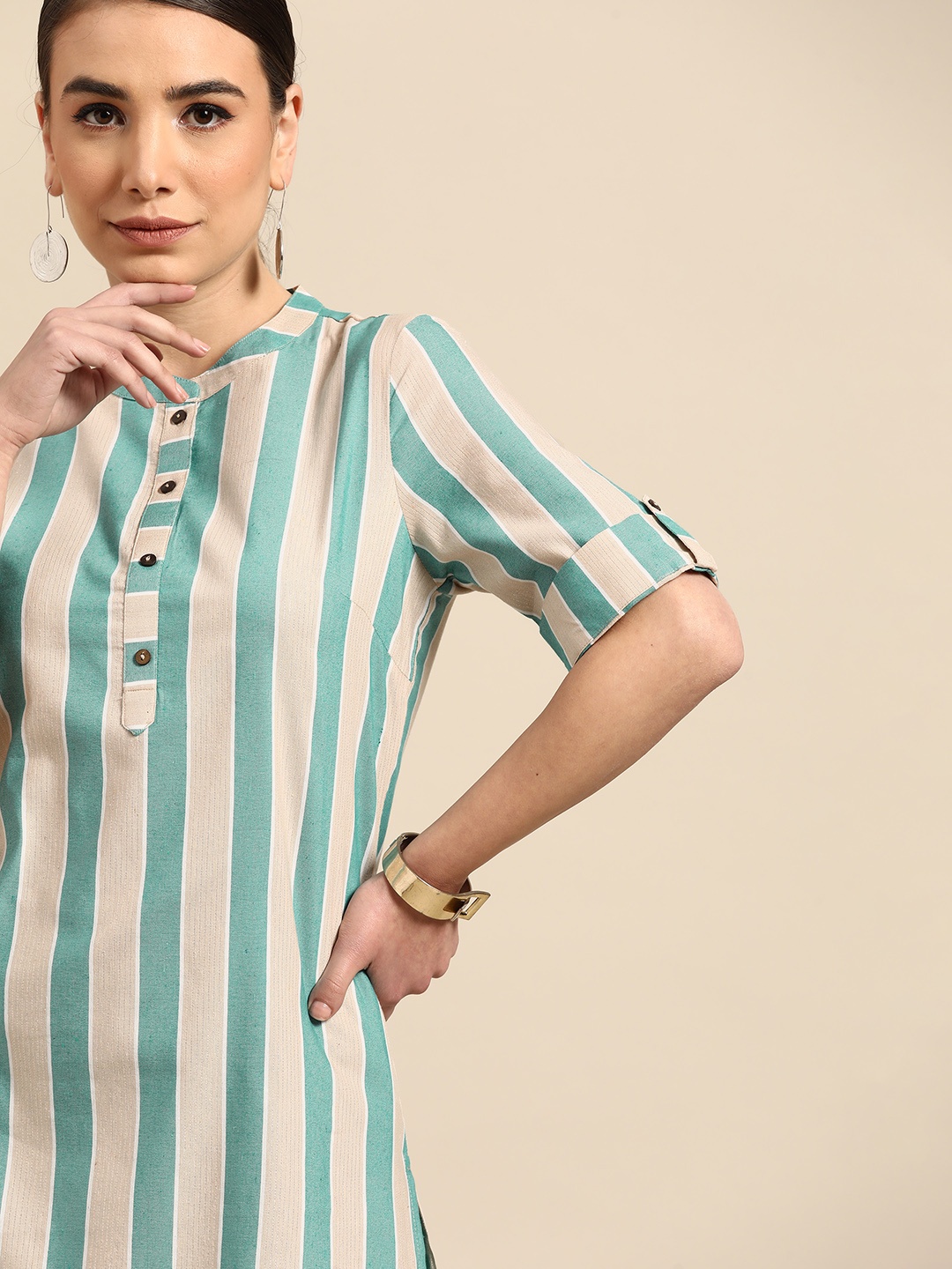 

Anouk Women Blue & Beige Striped Yarn Dyed Straight Kurta