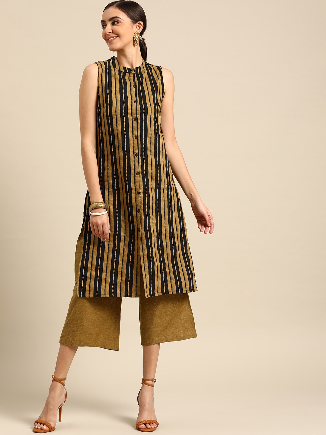 

Anouk Women Mustard Yellow & Black Striped Yarn Dyed Kurta with Palazzos