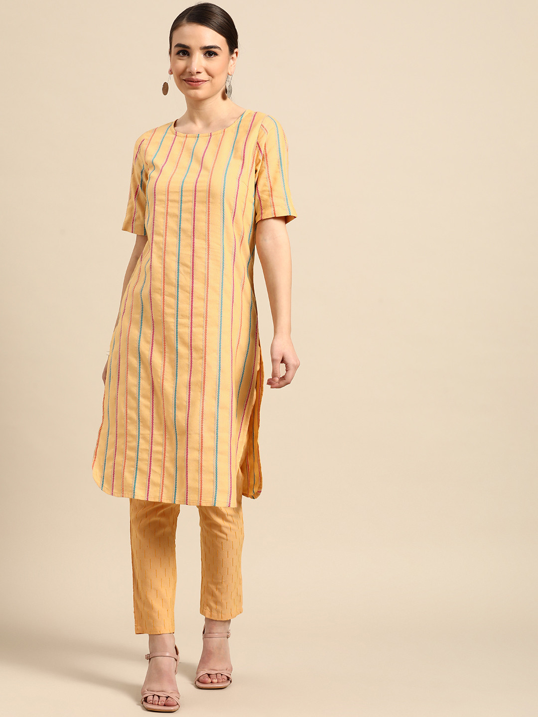 

Anouk Women Yellow & Blue Striped Yarn Dyed Kurta with Trousers