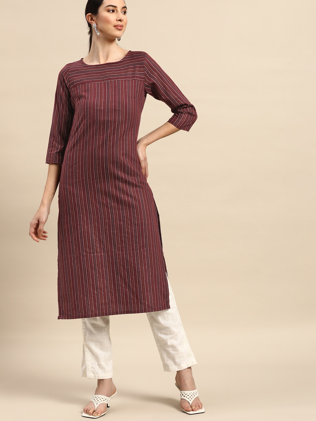 

Anouk Women Maroon Striped Thread Work Yarn Dyed Kurta