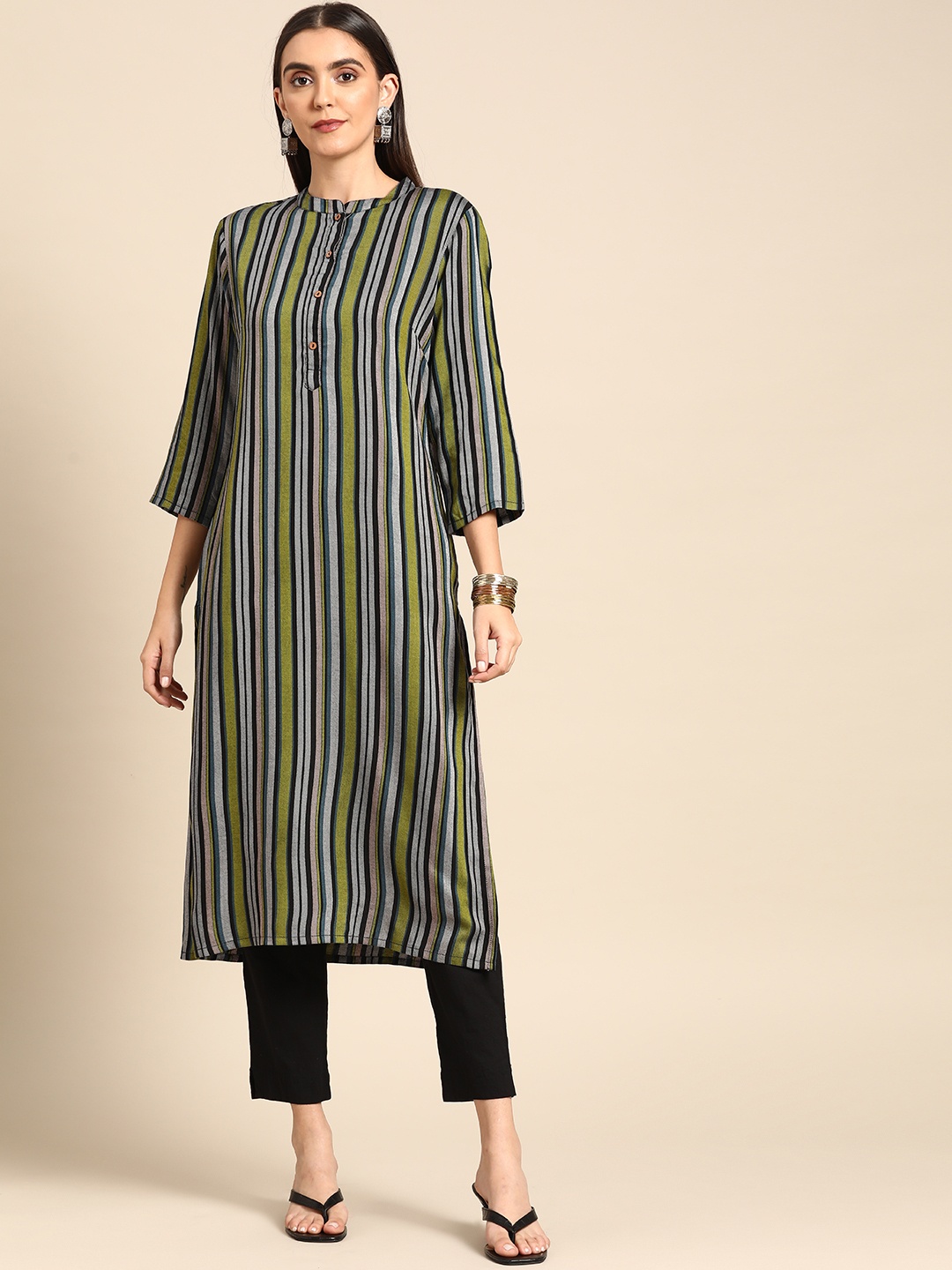 

Anouk Women Olive Green & Grey Striped Yarn Dyed Kurta