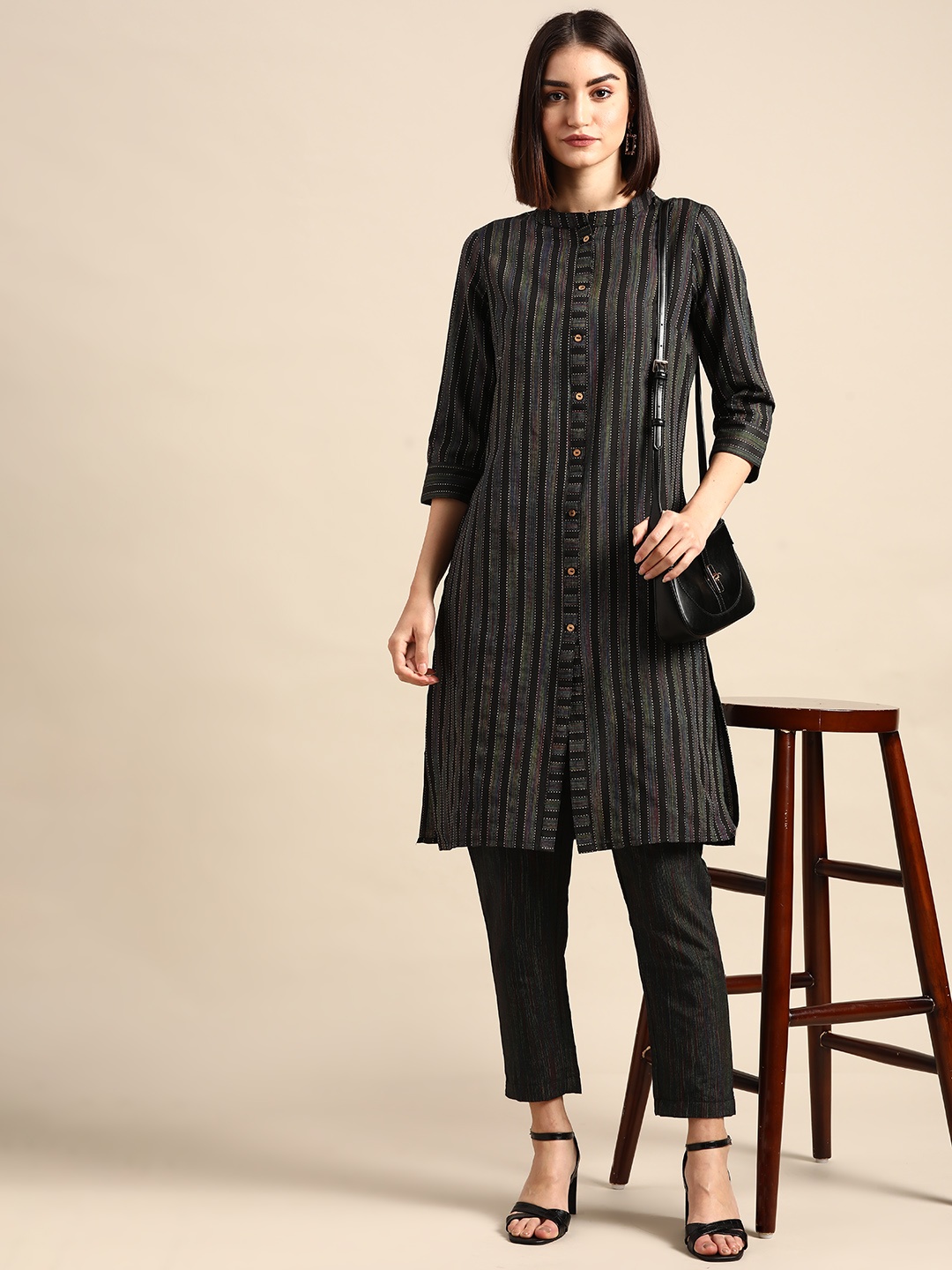 

Anouk Women Black Striped Yarn Dyed Kurta with Trousers