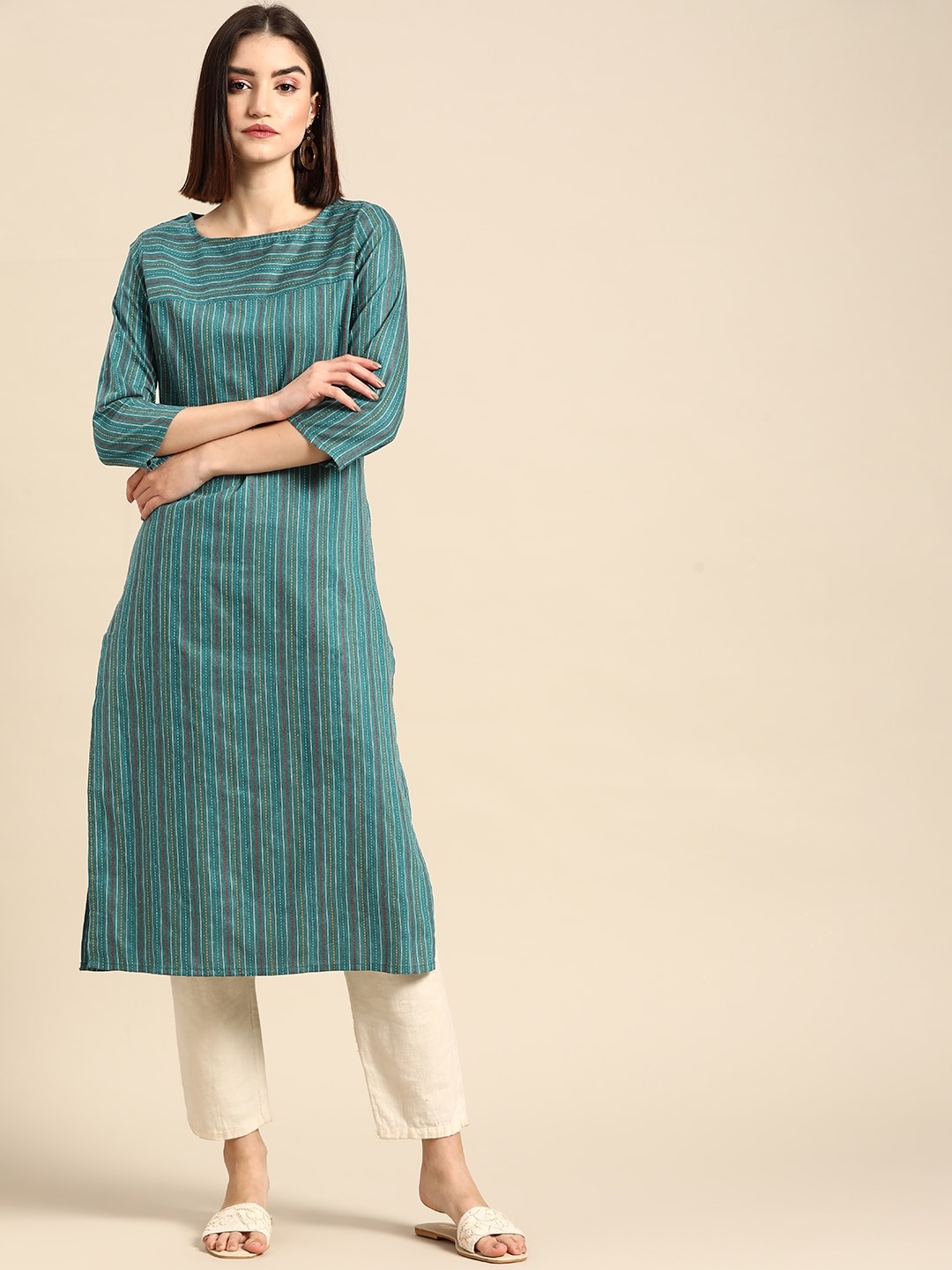 

Anouk Women Teal Green Striped Thread Work Yarn Dyed Kurta