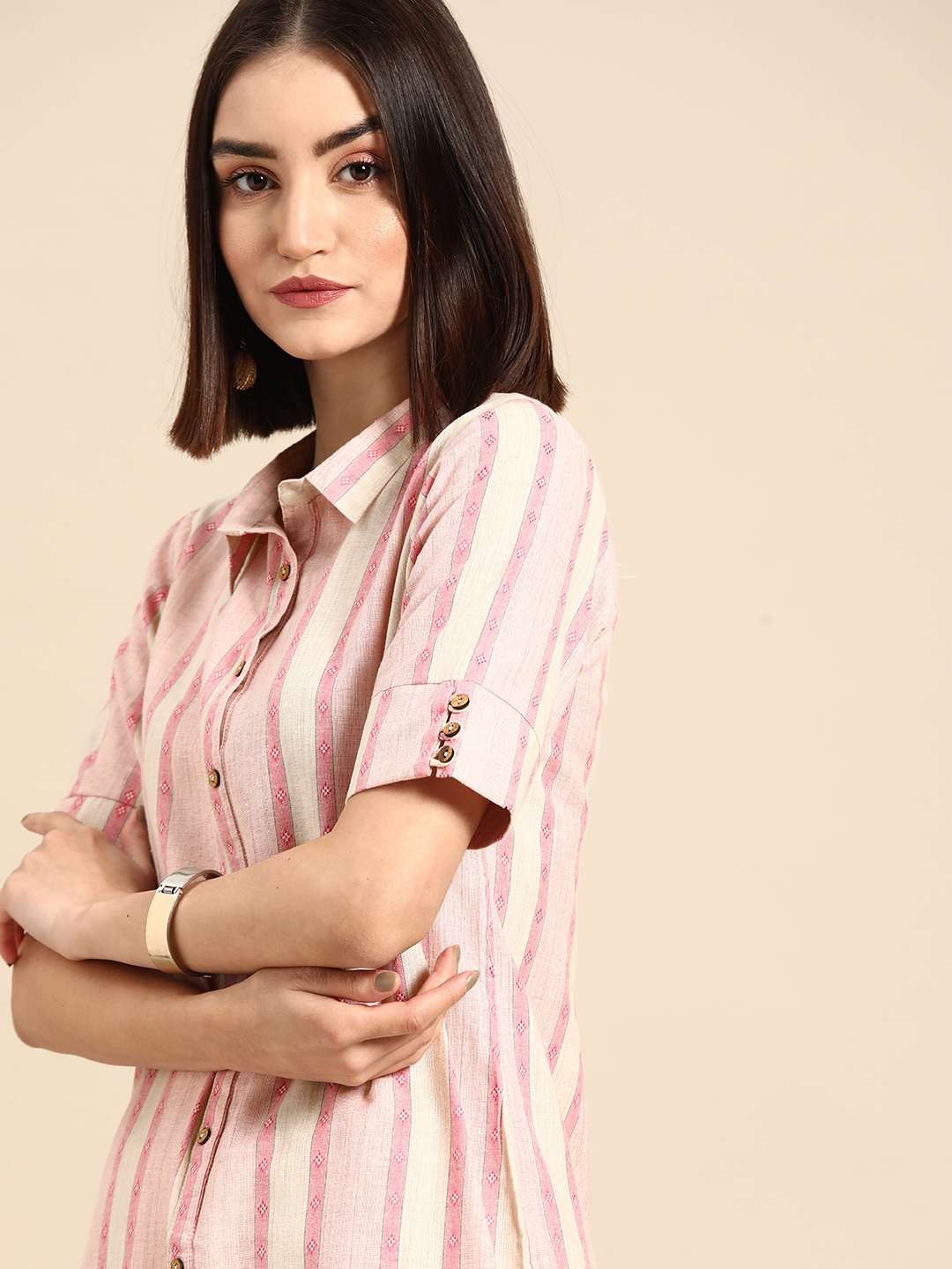 

Anouk Women Pink Striped Yarn Dyed Kurta with Palazzos