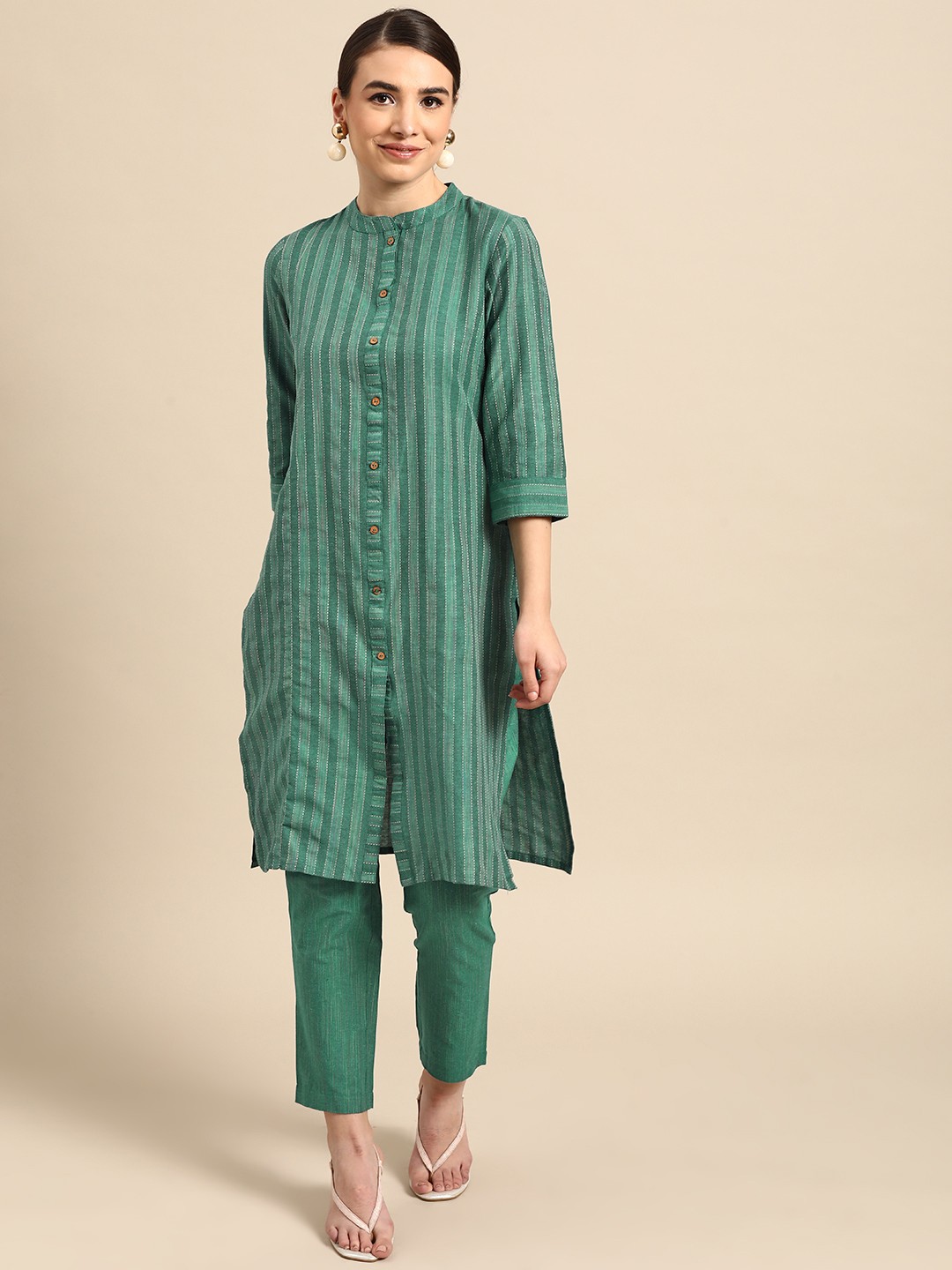 

Anouk Women Green Striped Kantha Work Yarn Dyed Kurta with Trousers