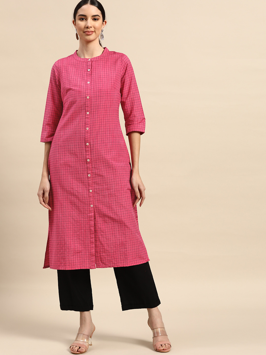 

Anouk Women Pink & Navy Blue Checked Yarn Dyed Kurta